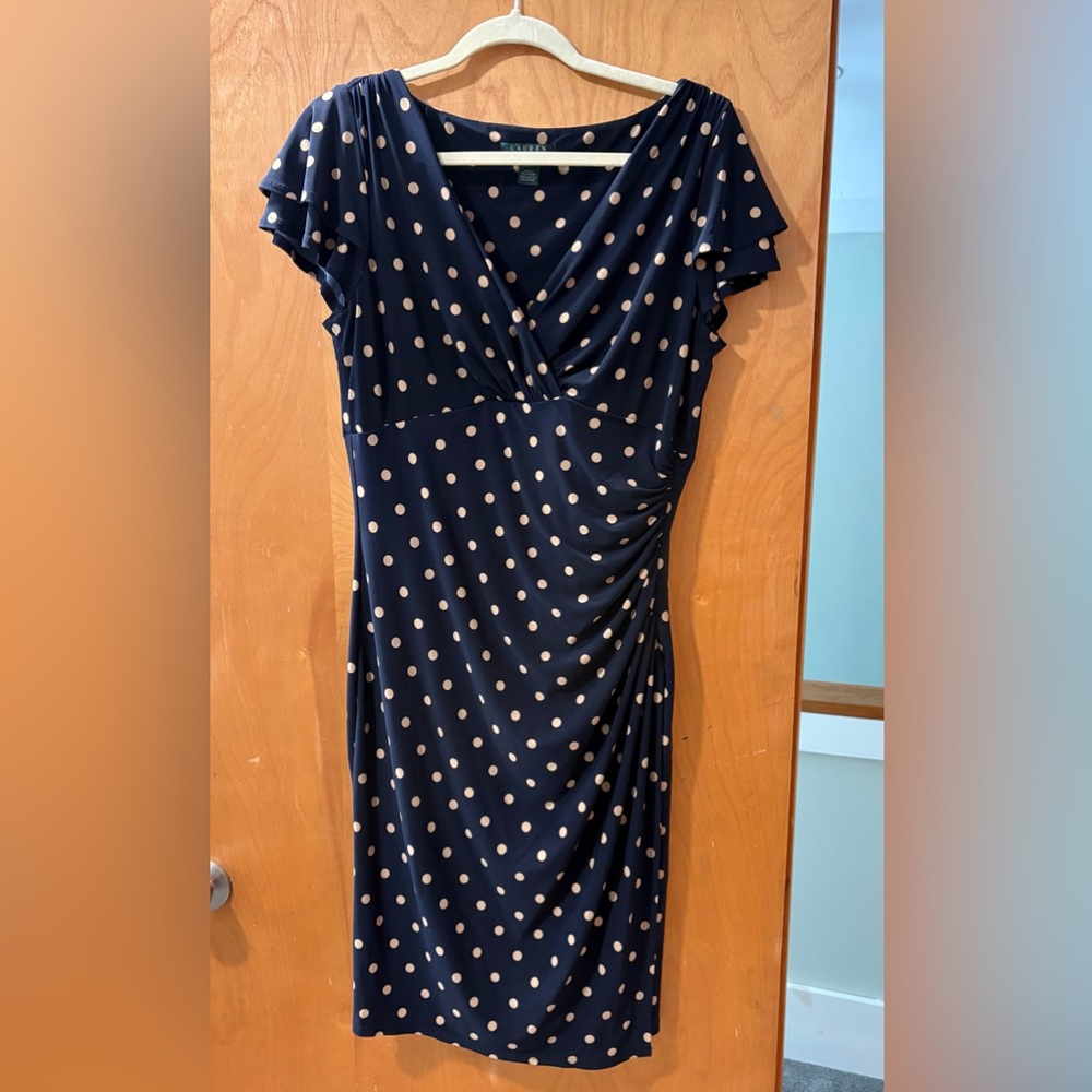 Ralph Lauren Navy and Tan Polka Dot Midi Dress; Size 12